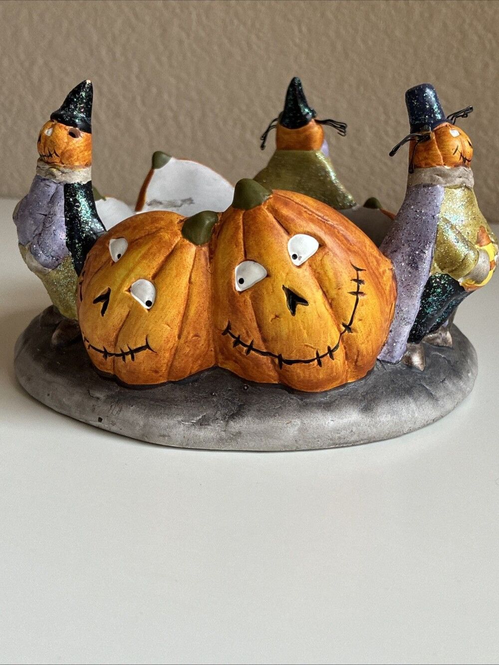 VTG Yankee Candle Halloween Pumpkin Pillar Candle Holder Jack-o-lanterns Whimsy